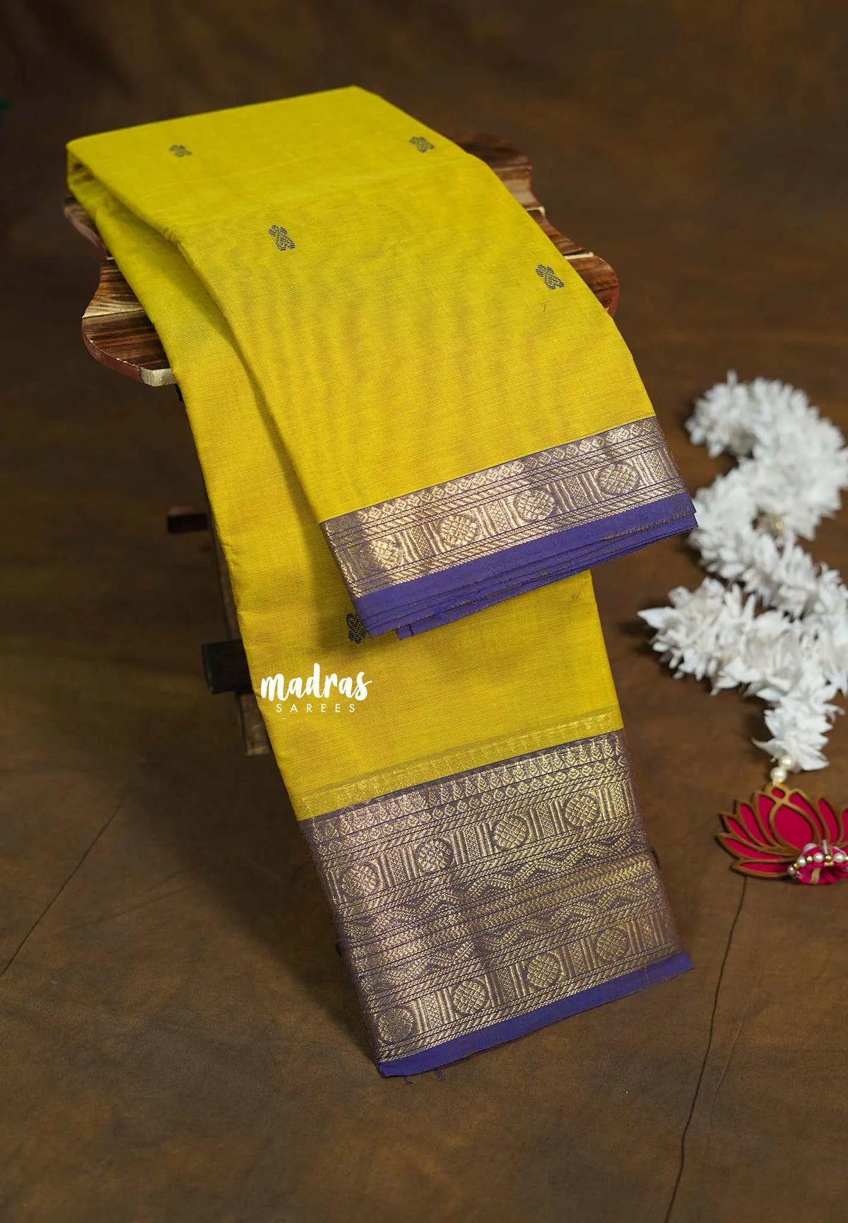Greenish Yellow - Karthigai silk cotton Rudraksham neli big Border with Buttas - Best for Wedding Functions