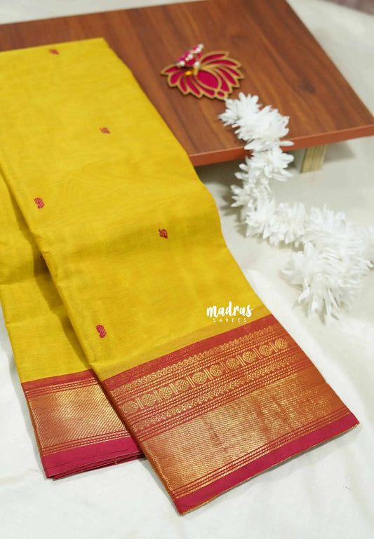 Turmeric yellow -  Karthigai silk cotton bavanji border rudraksham with buttas