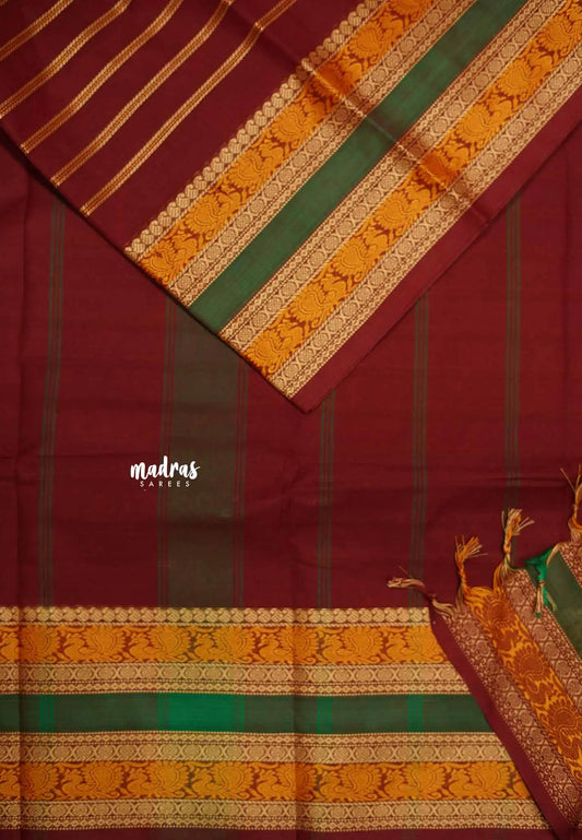 Karthigai silk cotton horizontal line full thread wearing rettapet border - Deep maroon