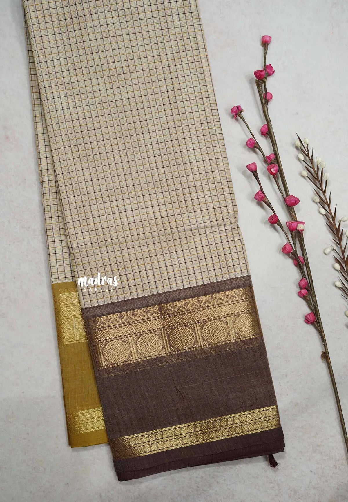 Karthigai silk cotton Muthukattam Rudhraksham Rettapet Ganga Jamuna border - Beige