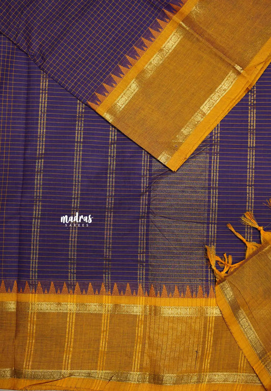 Karthigai silk cotton rettapeta rudraksham border with muthu kattam checks - Violet purple