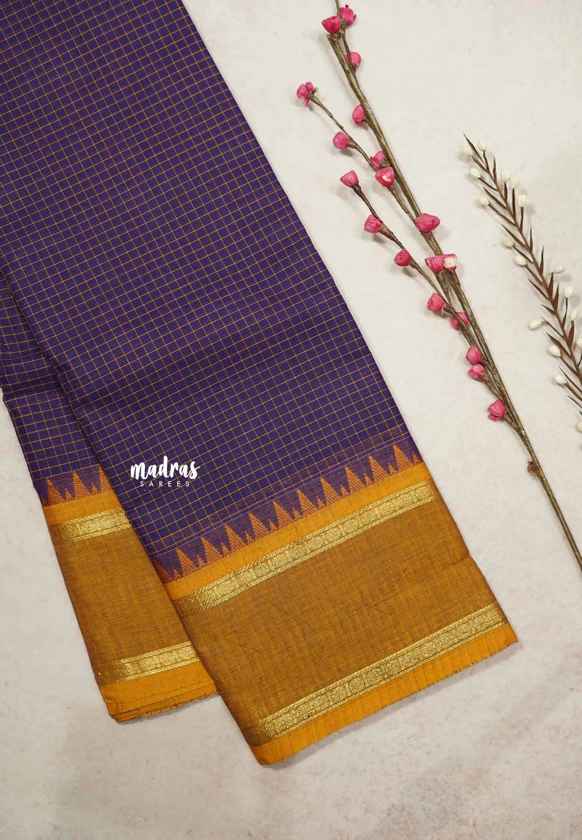 Karthigai silk cotton rettapeta rudraksham border with muthu kattam checks - Violet purple