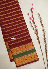 Karthigai silk cotton horizontal line full thread wearing rettapet border - Deep maroon