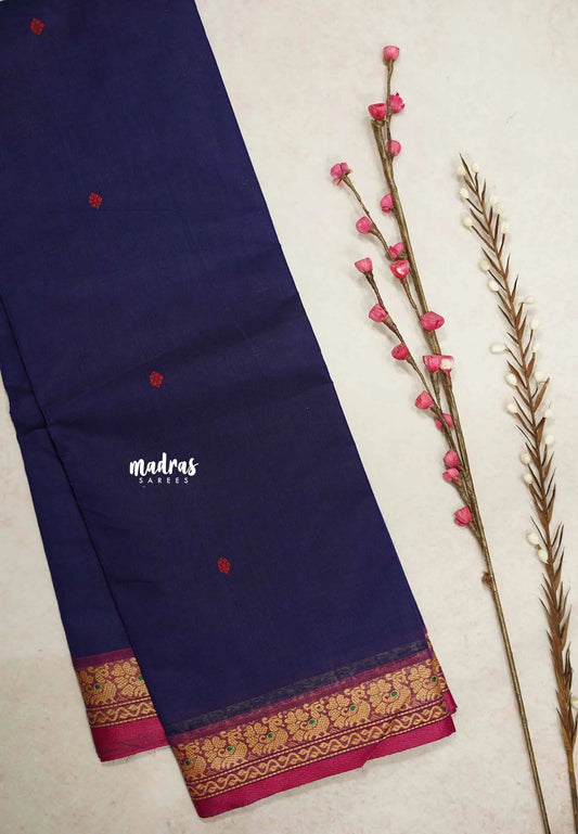 Karthigai silk cotton small annam thread border - Navy blue