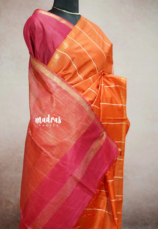 Rust orange - khadi silk contrast pallu with stripes weaving body