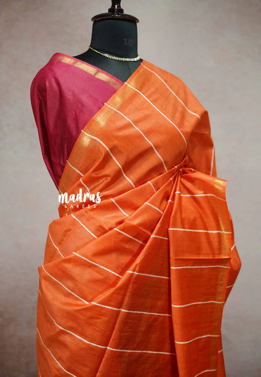 Rust orange - khadi silk contrast pallu with stripes weaving body