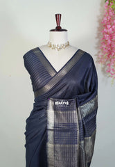 Midnight Blue - Khadi Silk Saree with Zari Checked Border - Best for Small Functions | Temple Visit