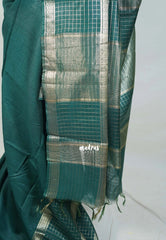Emerald Green - Khadi Silk Saree with Zari Checked Border - Best for Small Functions | Temple Visit