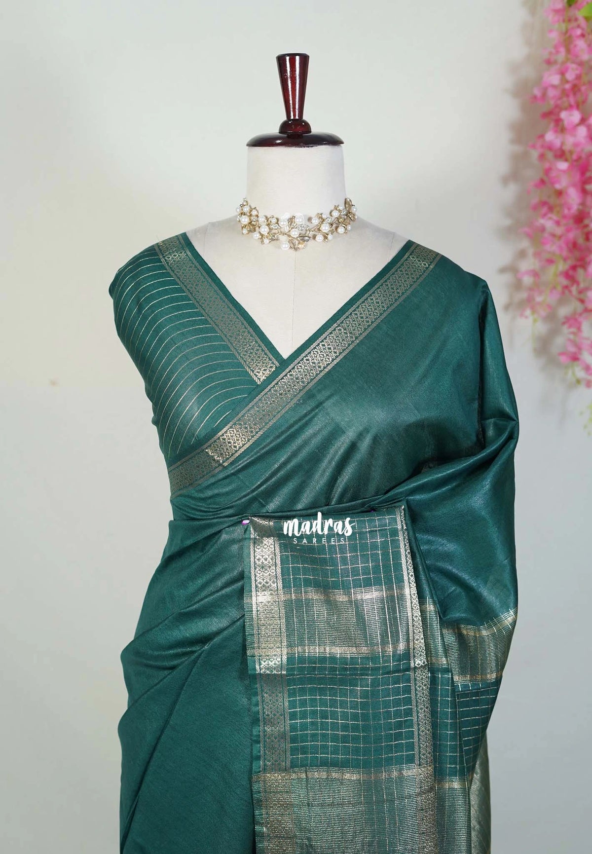 Emerald Green - Khadi Silk Saree with Zari Checked Border - Best for Small Functions | Temple Visit