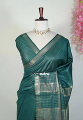 Emerald Green - Khadi Silk Saree with Zari Checked Border - Best for Small Functions | Temple Visit