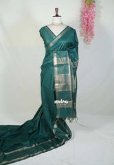Emerald Green - Khadi Silk Saree with Zari Checked Border - Best for Small Functions | Temple Visit