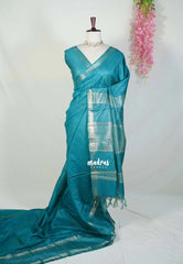 Teal Blue - Khadi Silk Saree with Zari Checked Border - Best for Small Functions | Temple Visit