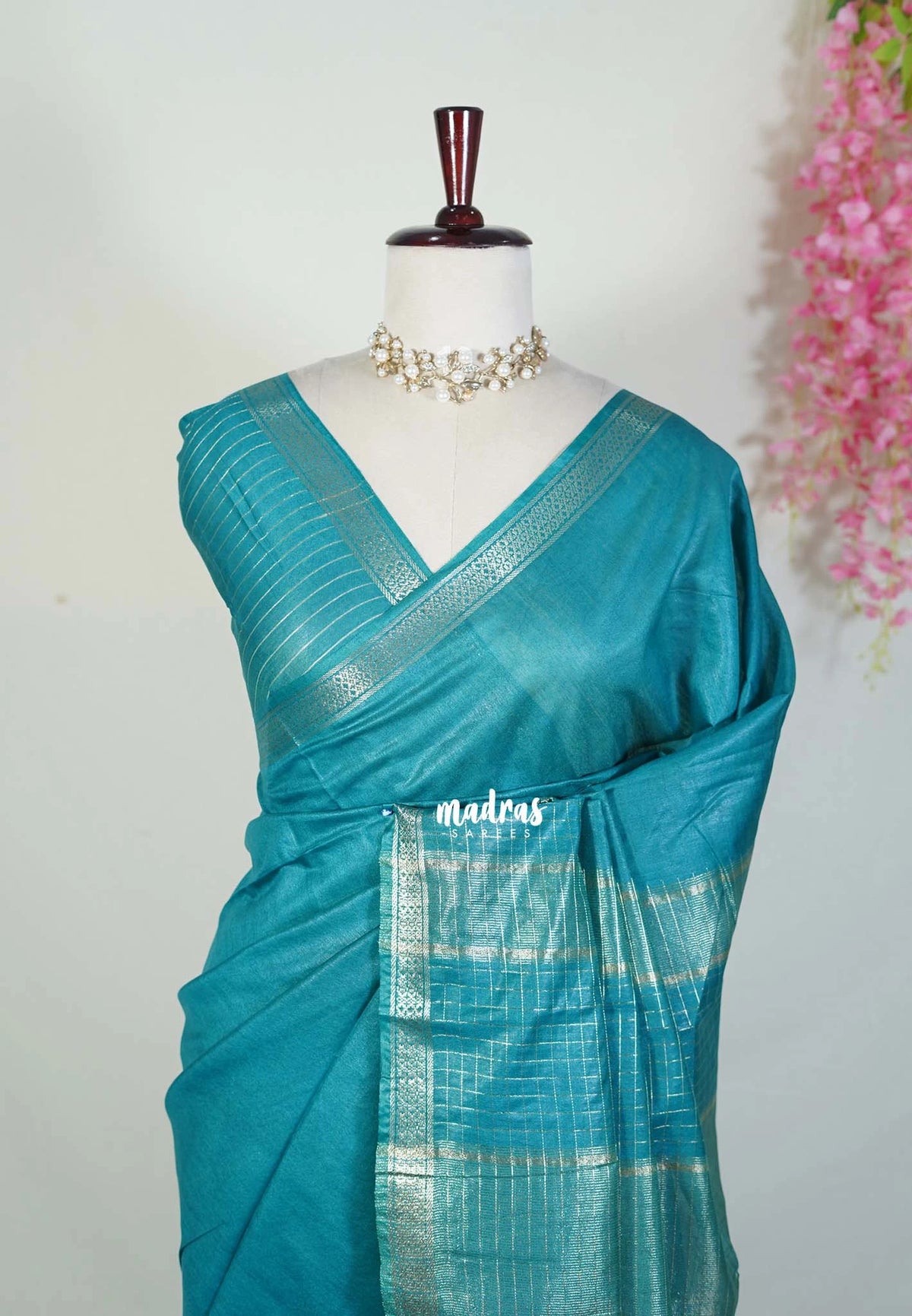 Teal Blue - Khadi Silk Saree with Zari Checked Border - Best for Small Functions | Temple Visit