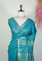 Teal Blue - Khadi Silk Saree with Zari Checked Border - Best for Small Functions | Temple Visit