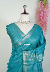 Teal Blue - Khadi Silk Saree with Zari Checked Border - Best for Small Functions | Temple Visit
