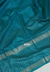 Teal Blue - Khadi Silk Saree with Zari Checked Border - Best for Small Functions | Temple Visit