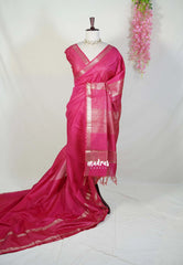 Raspberry Pink - Khadi Silk Saree with Zari Checked Border - Best for Small Functions | Temple Visit