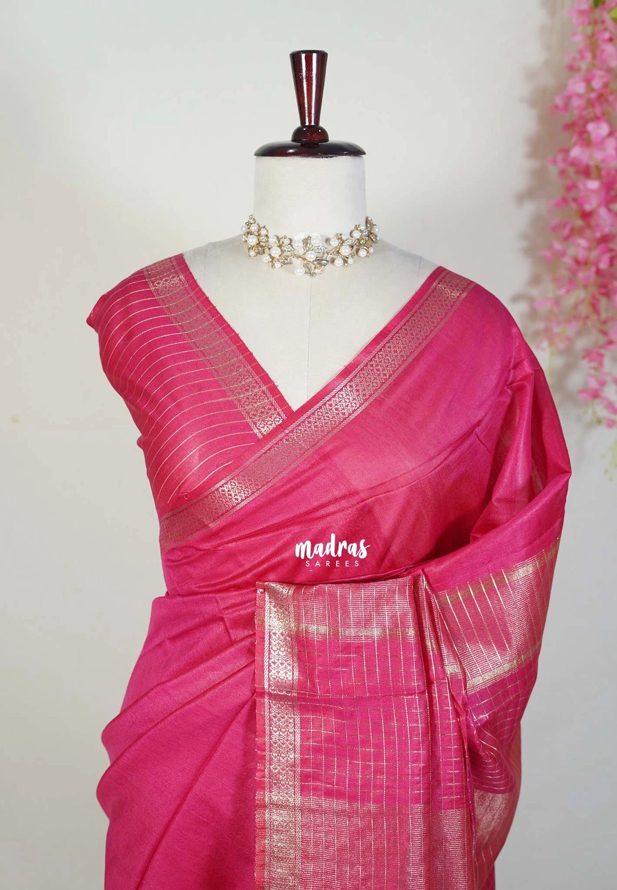 Raspberry Pink - Khadi Silk Saree with Zari Checked Border - Best for Small Functions | Temple Visit