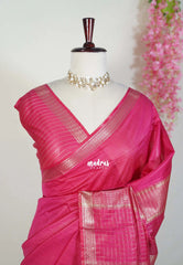 Raspberry Pink - Khadi Silk Saree with Zari Checked Border - Best for Small Functions | Temple Visit