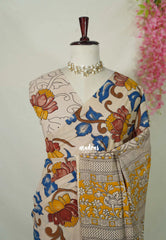 Muted Beige - Traditional Kalamkari Cotton Saree with Peacock Print Border - Best for Office Wear | Casual Wear