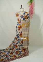 Muted Beige - Traditional Kalamkari Cotton Saree with Peacock Print Border - Best for Office Wear | Casual Wear