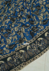 Cobalt Blue - Traditional Kalamkari Cotton Saree with Peacock Print Border - Best for Office Wear | Casual Wear