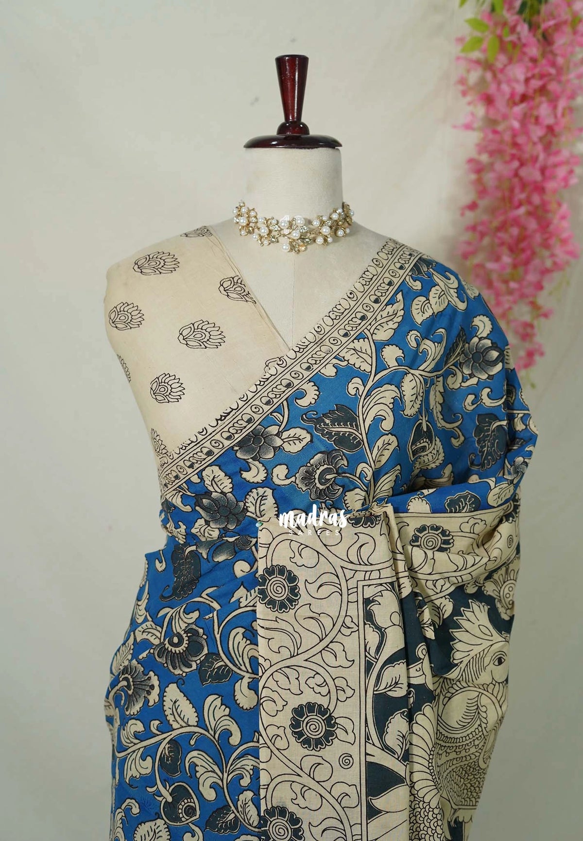 Cobalt Blue - Traditional Kalamkari Cotton Saree with Peacock Print Border - Best for Office Wear | Casual Wear