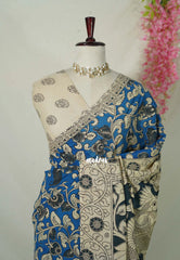 Cobalt Blue - Traditional Kalamkari Cotton Saree with Peacock Print Border - Best for Office Wear | Casual Wear