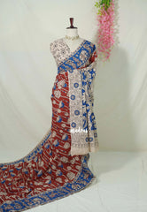 Brick Red - Traditional Kalamkari Cotton Saree with Royal Motif Border- Best for Office Wear | Casual Wear