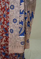 Dark Red - Traditional Kalamkari Cotton Saree with Peacock Print Border - Best for Office Wear | Casual Wear
