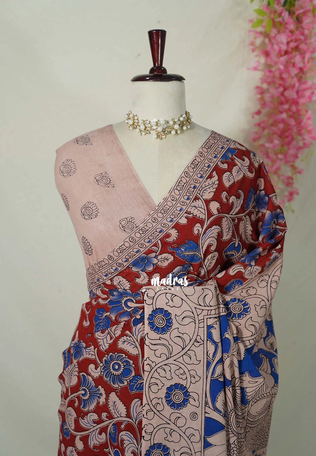 Dark Red - Traditional Kalamkari Cotton Saree with Peacock Print Border - Best for Office Wear | Casual Wear