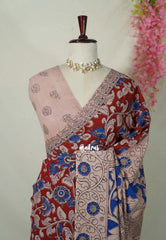 Dark Red - Traditional Kalamkari Cotton Saree with Peacock Print Border - Best for Office Wear | Casual Wear