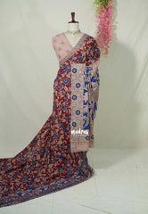 Dark Red - Traditional Kalamkari Cotton Saree with Peacock Print Border - Best for Office Wear | Casual Wear
