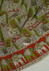 Beige with Green - Traditional Kalamkari Cotton Saree with Ambari Elephant Border - Best for Office Wear | Casual Wear