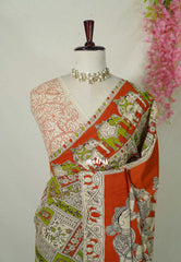 Beige with Green - Traditional Kalamkari Cotton Saree with Ambari Elephant Border - Best for Office Wear | Casual Wear