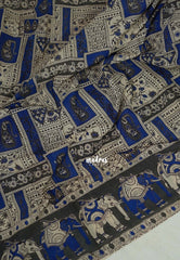 Beige with Blue - Traditional Kalamkari Cotton Saree with Ambari Elephant Border - Best for Office Wear | Casual Wear