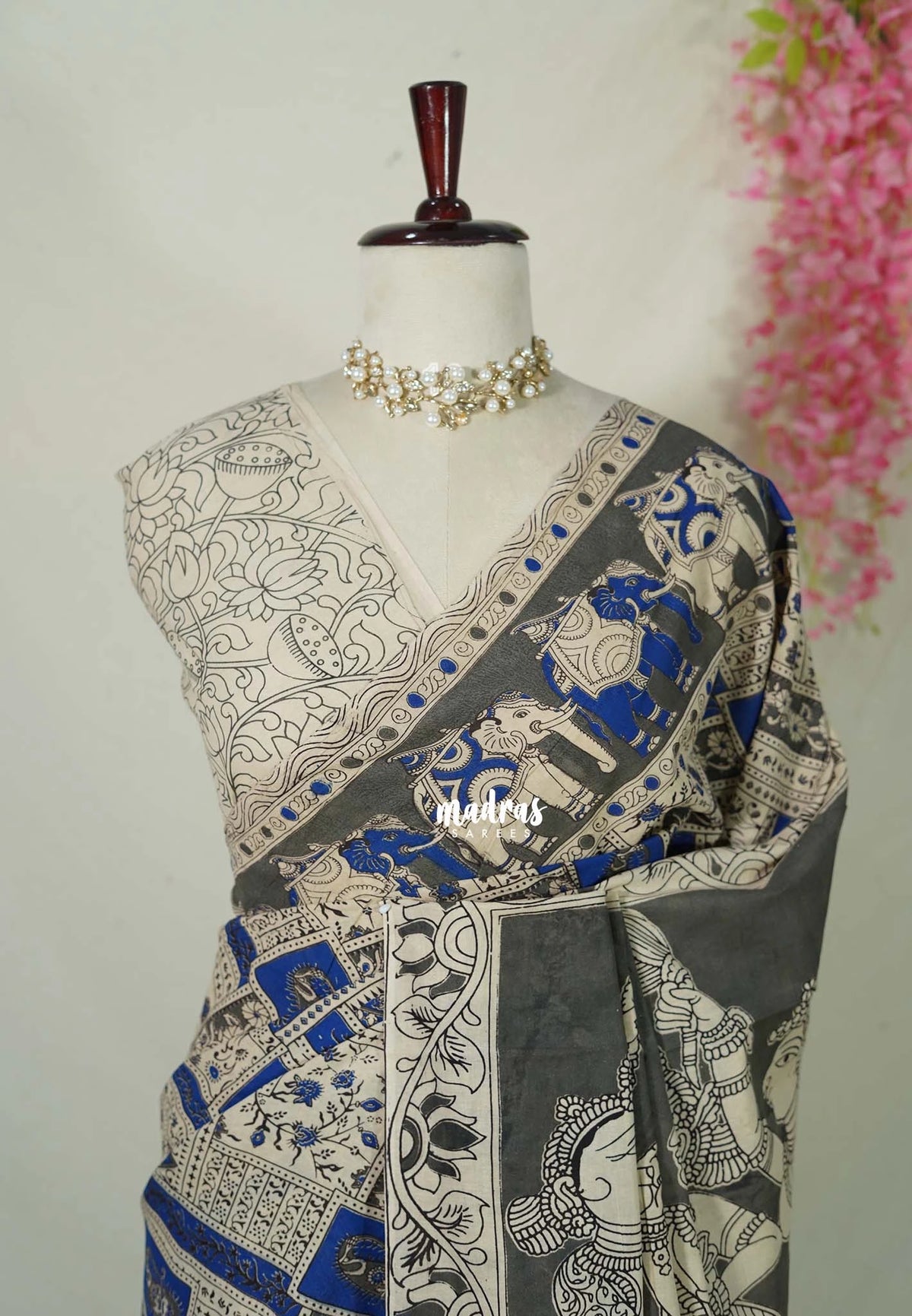Beige with Blue - Traditional Kalamkari Cotton Saree with Ambari Elephant Border - Best for Office Wear | Casual Wear
