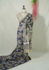 Beige with Blue - Traditional Kalamkari Cotton Saree with Ambari Elephant Border - Best for Office Wear | Casual Wear