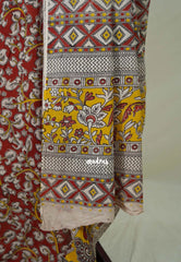 Dark Red - Traditional Kalamkari Cotton Saree with Peacock Border - Best for Office Wear | Casual Wear