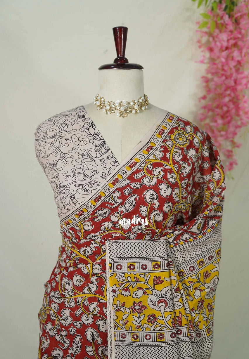 Dark Red - Traditional Kalamkari Cotton Saree with Peacock Border - Best for Office Wear | Casual Wear
