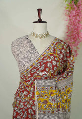 Dark Red - Traditional Kalamkari Cotton Saree with Peacock Border - Best for Office Wear | Casual Wear