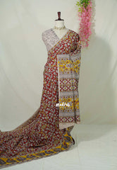 Dark Red - Traditional Kalamkari Cotton Saree with Peacock Border - Best for Office Wear | Casual Wear