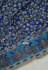 Ink Blue - Traditional Kalamkari Cotton Saree with Peacock Border- Best for Office Wear | Casual Wear