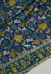 Royal Blue - Traditional Kalamkari Cotton Saree with Peacock Print Border - Best for Office Wear | Casual Wear