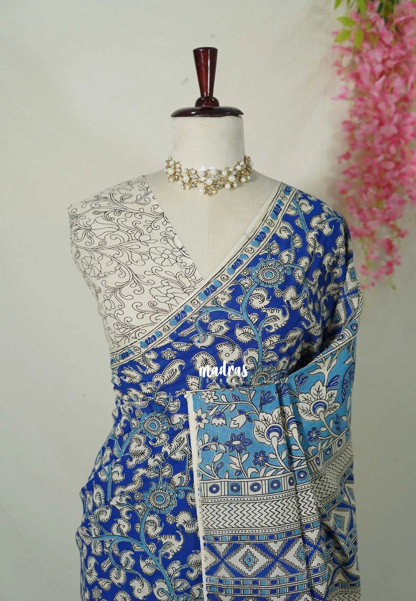 Ink Blue - Traditional Kalamkari Cotton Saree with Peacock Border- Best for Office Wear | Casual Wear