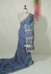 Ink Blue - Traditional Kalamkari Cotton Saree with Peacock Border- Best for Office Wear | Casual Wear