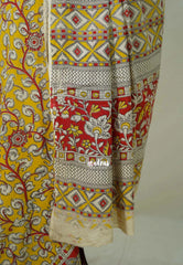 Marigold Yellow - Traditional Kalamkari Cotton Saree with Peacock Border- Best for Office Wear | Casual Wear
