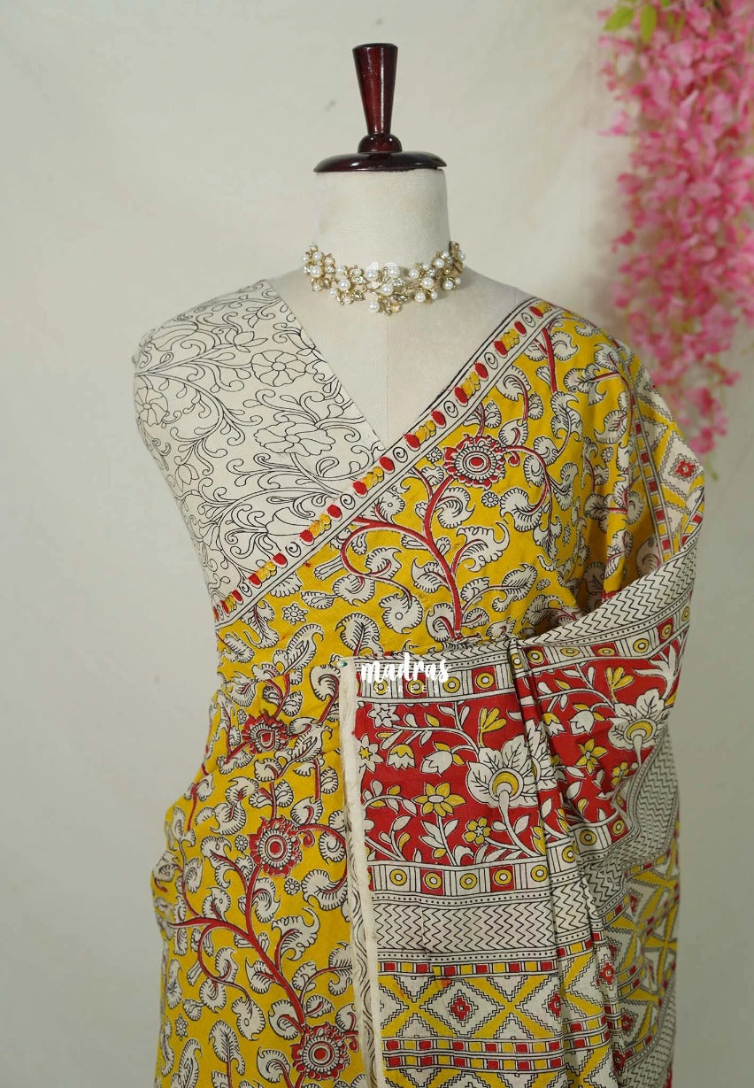 Marigold Yellow - Traditional Kalamkari Cotton Saree with Peacock Border- Best for Office Wear | Casual Wear