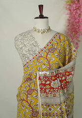 Marigold Yellow - Traditional Kalamkari Cotton Saree with Peacock Border- Best for Office Wear | Casual Wear