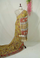 Marigold Yellow - Traditional Kalamkari Cotton Saree with Peacock Border- Best for Office Wear | Casual Wear